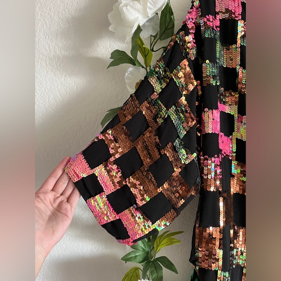 Multicolored checkered sequin long jacket - Picture 3 of 7